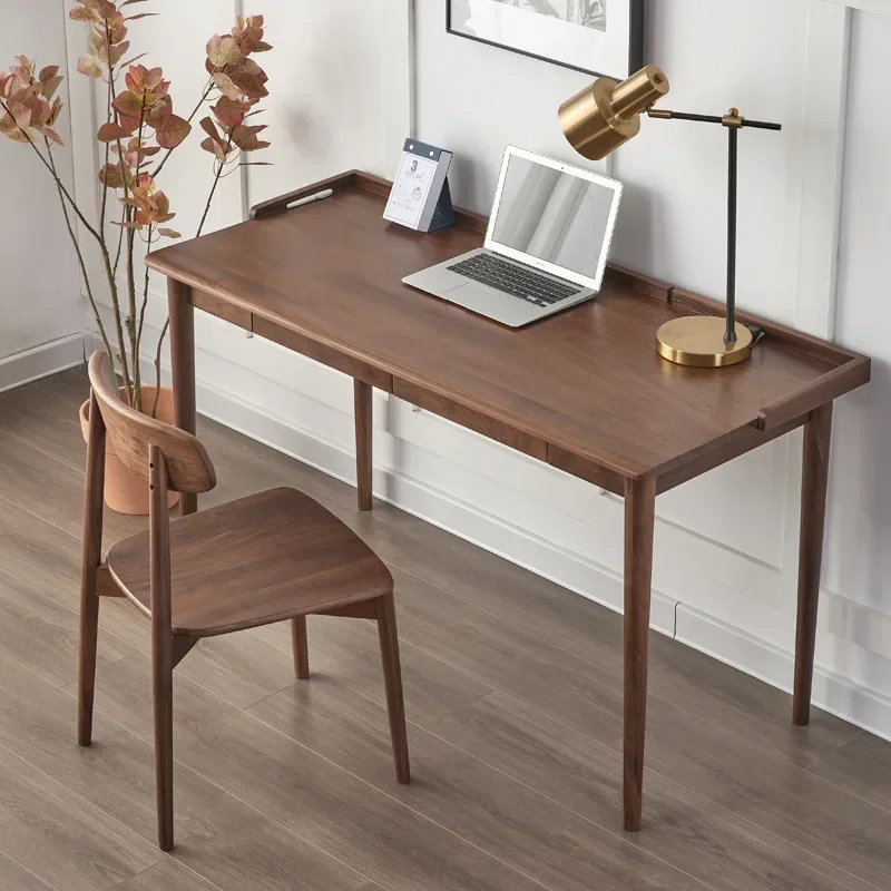 Nordic black walnut writing table Japanese simple cherry wood log computer table study drawer desk