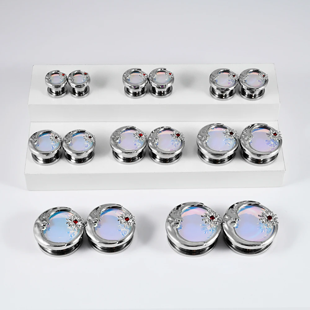 2PCS Stainless Steel Sun&Moon Ear Tunnel Plugs Earrings Flash Film Screw Fit On Gauges Expander Stretchers Piercing Body Jewelry