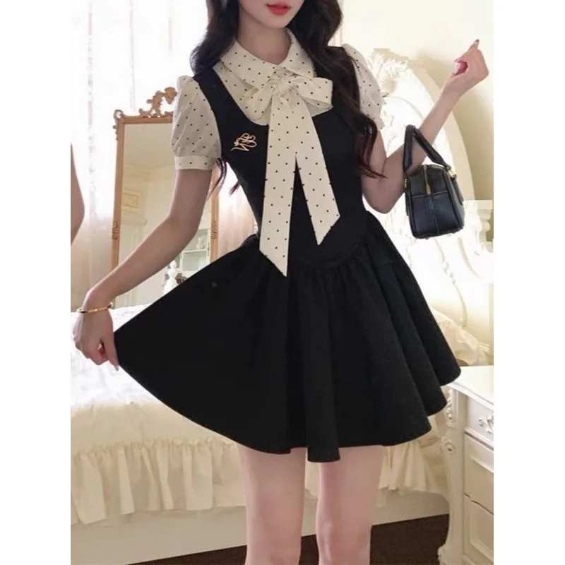 

CGC Korean Fashion Fake Two-Piece Women's Summer Short Dresses Preppy Style Lolita Dress Kawaii Female Clothing Short Dresses