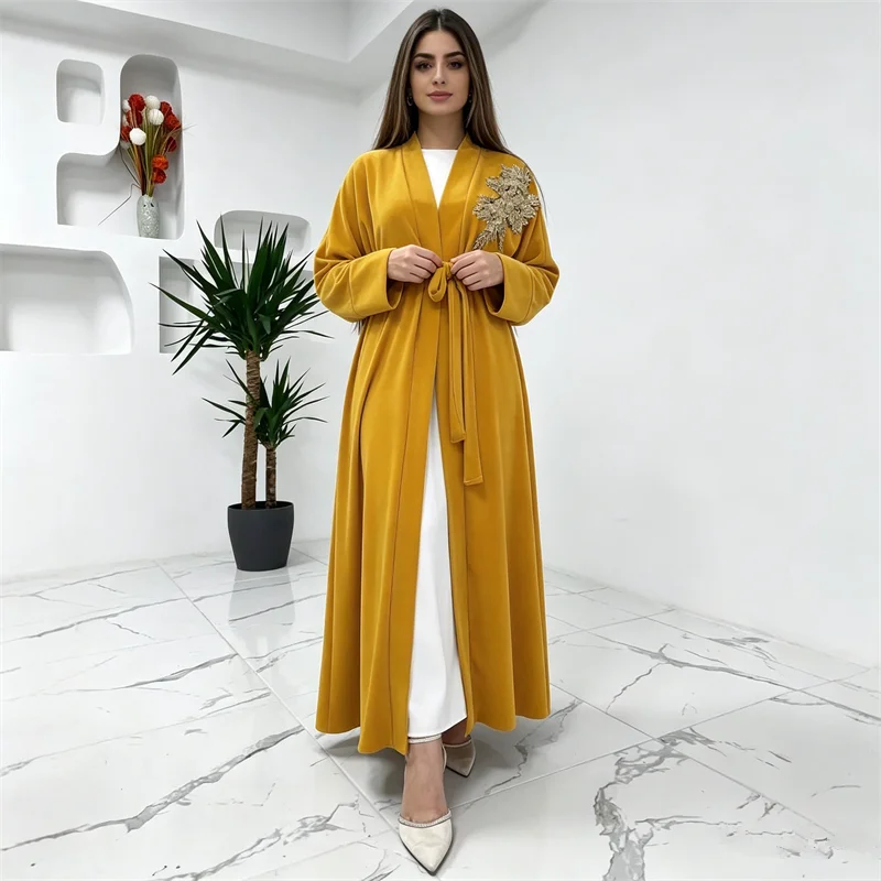 

Eid Women Embroidery Kimono Cardigan With Inner Dress 2 Piece Set Muslim Abaya Dubai Kaftan kebaya Caftan Marocain Femme Robe