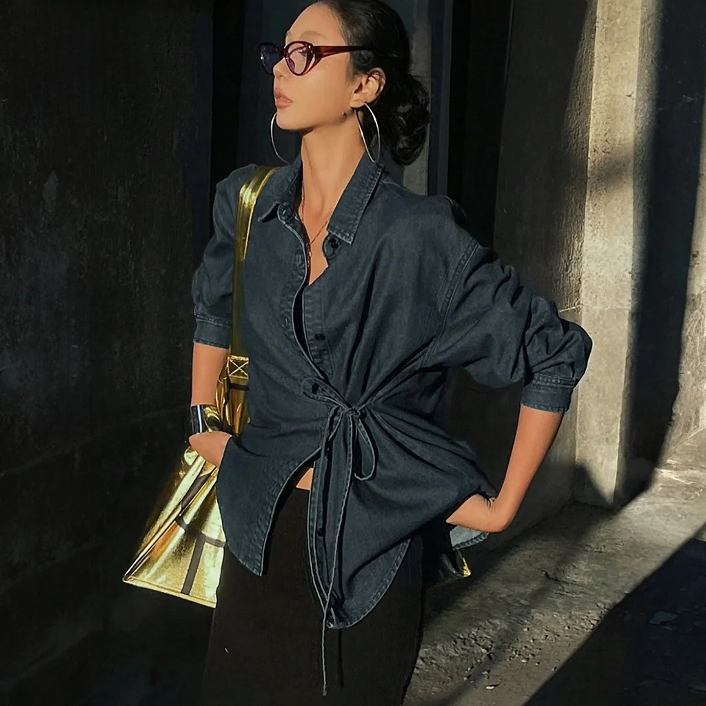 

Casual Long Sve Denim Jaet Women's Front Bule Strap Crossbody ort Coat Girl Sle Spring Thin Fabric ex