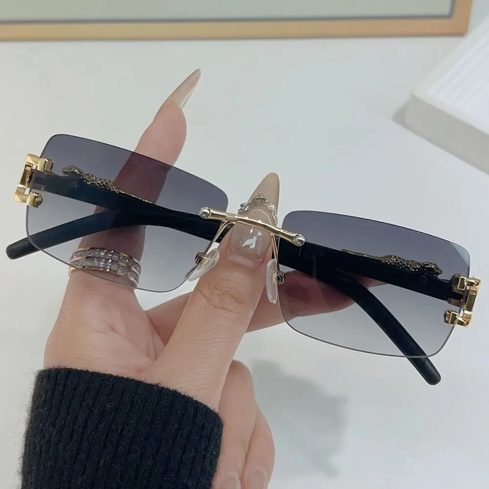 Summer Leopard Decor Rectangular Sunglasses Metal Frame UV400 Protection Sun Glasses Cut-Edge Rimless Shades for Women & Men