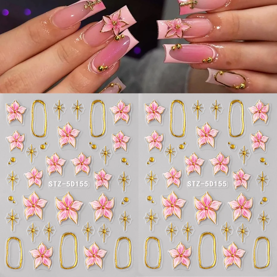 2pcs Embossed Hibiscus Flower Nail Art Sticker Pink Flower With Golden Metal Ring Charm Self-Adhesive Decals Manicure Decoration