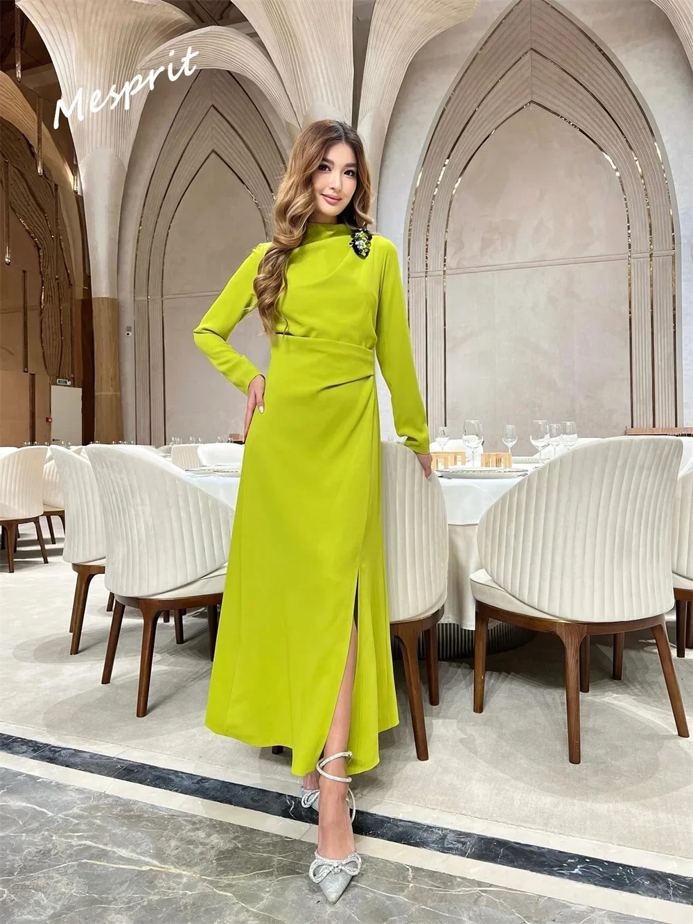 Prom Dress    Fashion High Collar A-line Anke Length Party es Beading Chiffon Customized Saudi Arabia