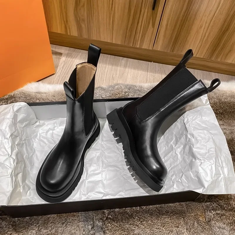 Classic Chelsea Boots Women's Black Ankle Boots Autumn and Winter Shoes Leather Thick Sole Booties Slip-on Elastic Strap Booties