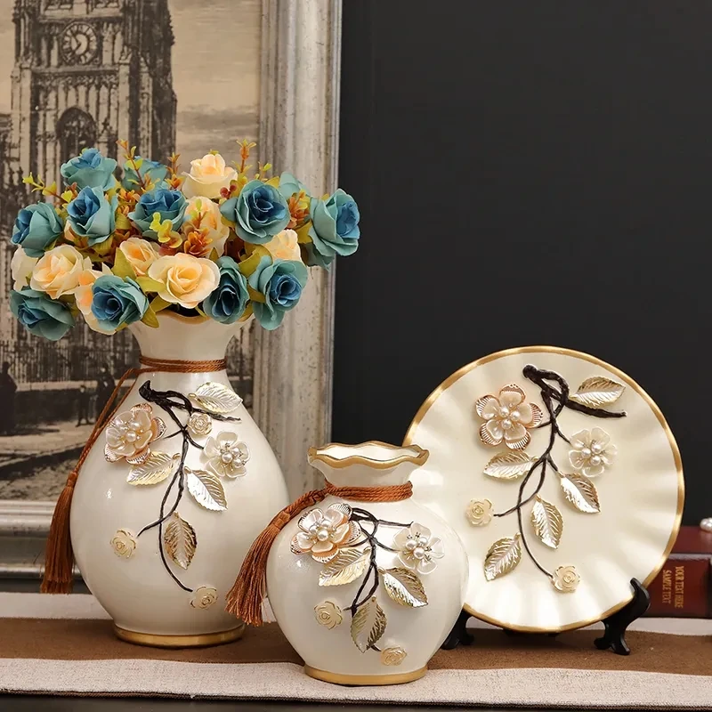 3Pcs/Set Ceramic vase 3D Stereoscopic dried flowers arrangement wobble plate living room entrance ornaments home decorations