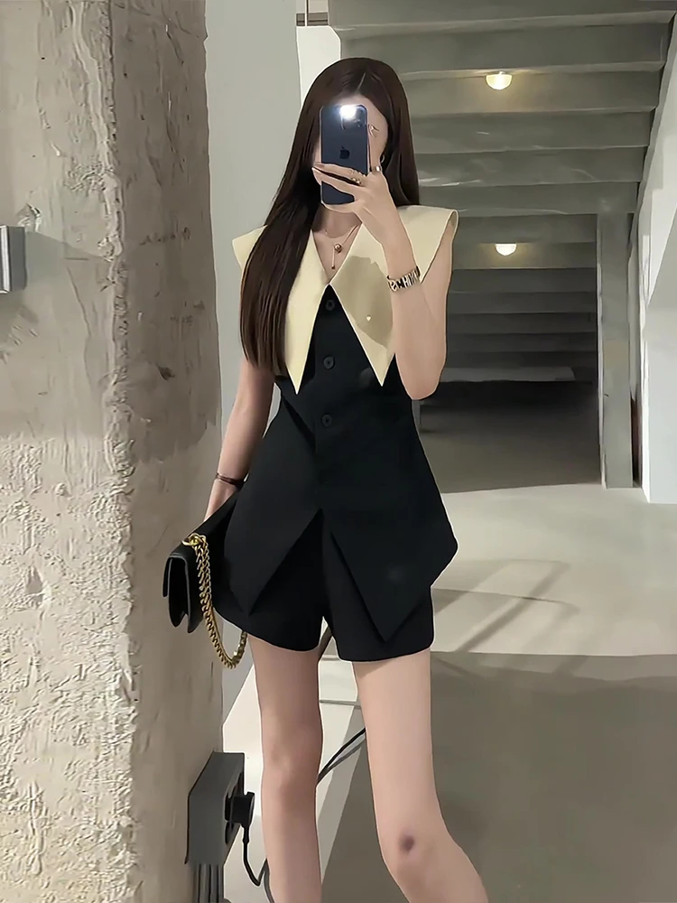 

Костюм Ele V-ne с V-образным вырезом, женский, модный дизайн, цвет абрикосовый, с завышенной талией, шорты, новая летняя коллекция