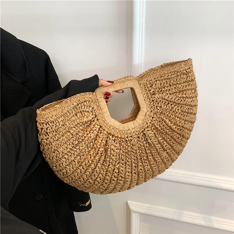 

Summer Straw Women Half-moon Beach Handbag Rattan Handmade Handle Fashion Kintted Tote Bag