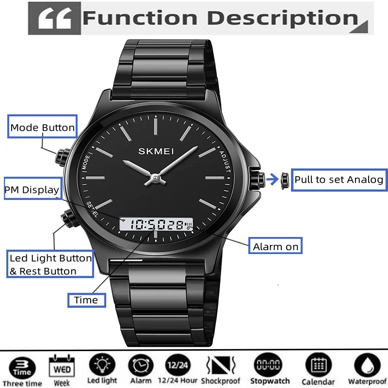 Skmei Three Time Zone Men's Quartz Watch Luxury Stainless Steel Band Waterproof Digital Sport's Wristwatch Fashion Bracelet Time