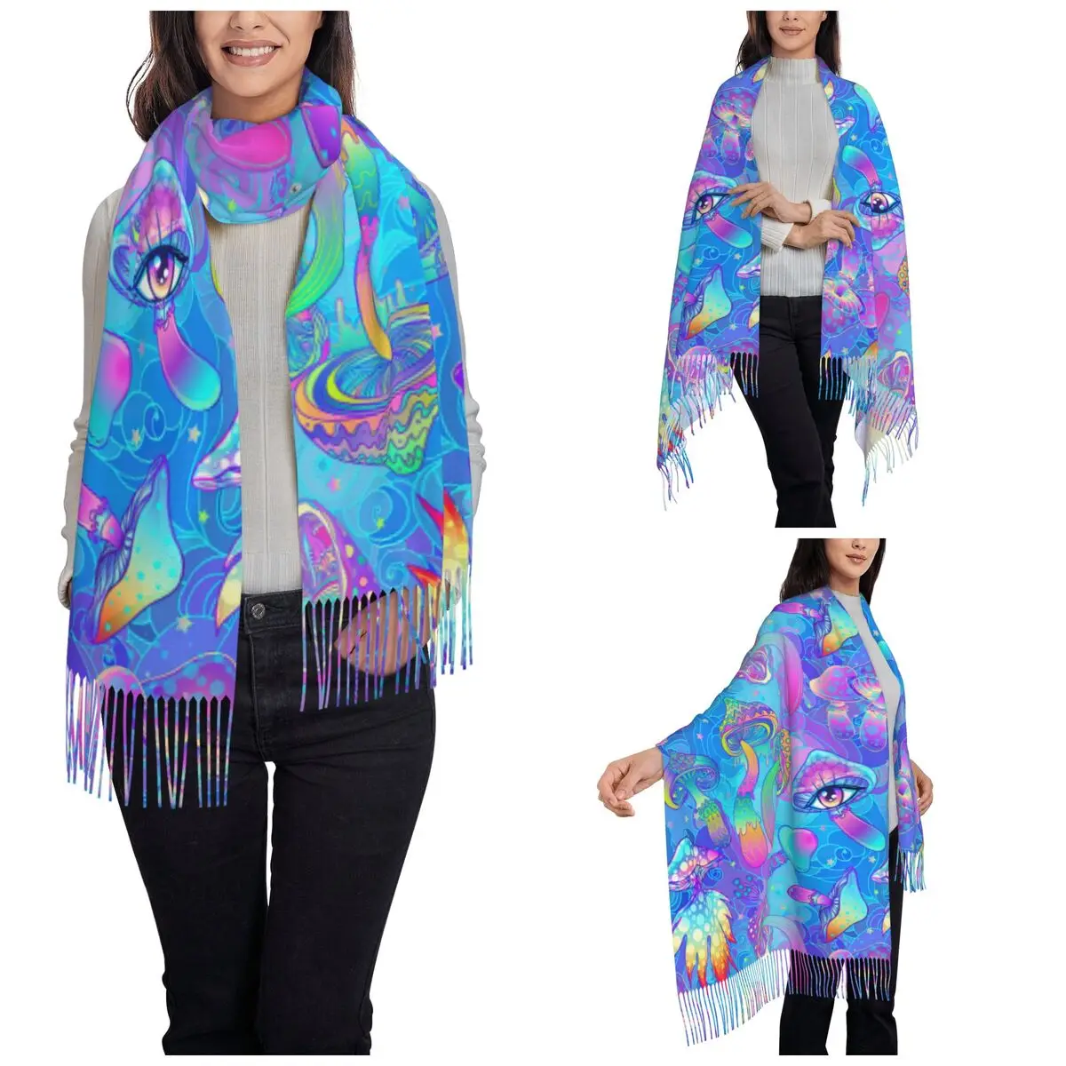 Psychedelic Magic Mushrooms Shawl Wraps for Ladies Winter Single-sided Pattern Scarf Neckerchief Shawl Scarves