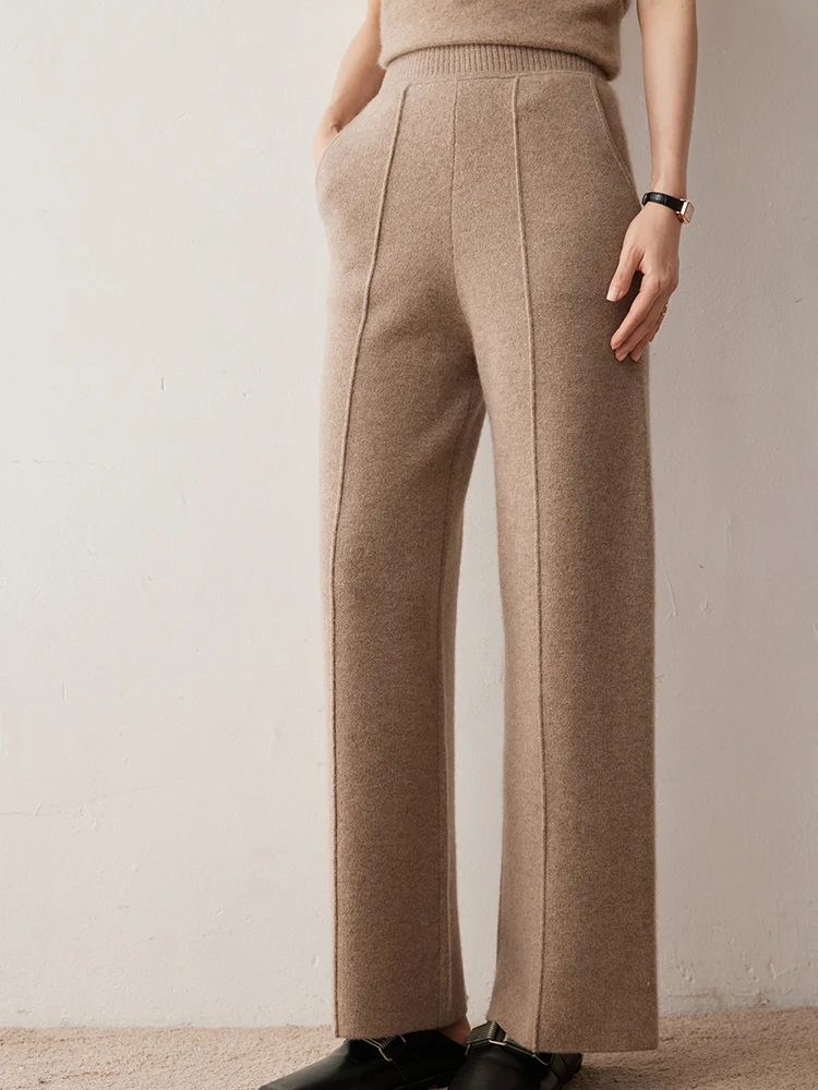 Hohe Taille, elastische Taille, Damen-Hose mit weitem Bein, Herbst-Winter, bequeme Strickhose aus 100 % Kaschmir, Grace-Freizeithose