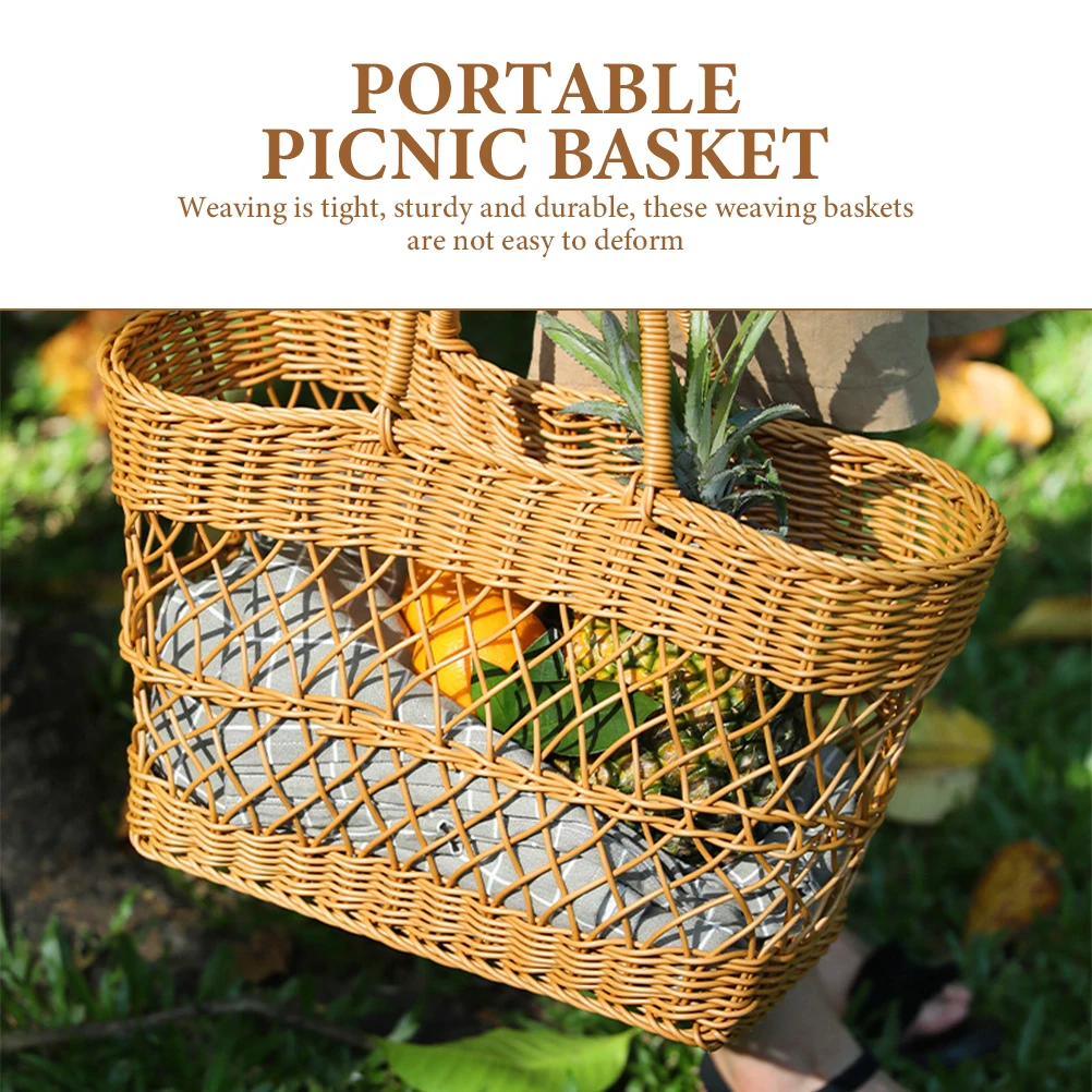 

Imitation Rattan Basket Rustic Wear-Resistant Multi-Function Fruit Storage Food Basket Portable for Picnic Kitchen