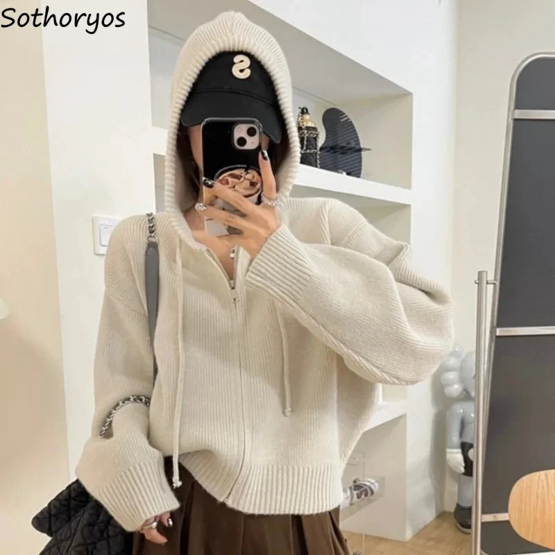 Khaki Cardigans Women Hooded Knitted Sweater Leisure Drawstring Students Zip-up Coat Autumn Winter Loose Soft Кардиган Оверсайз