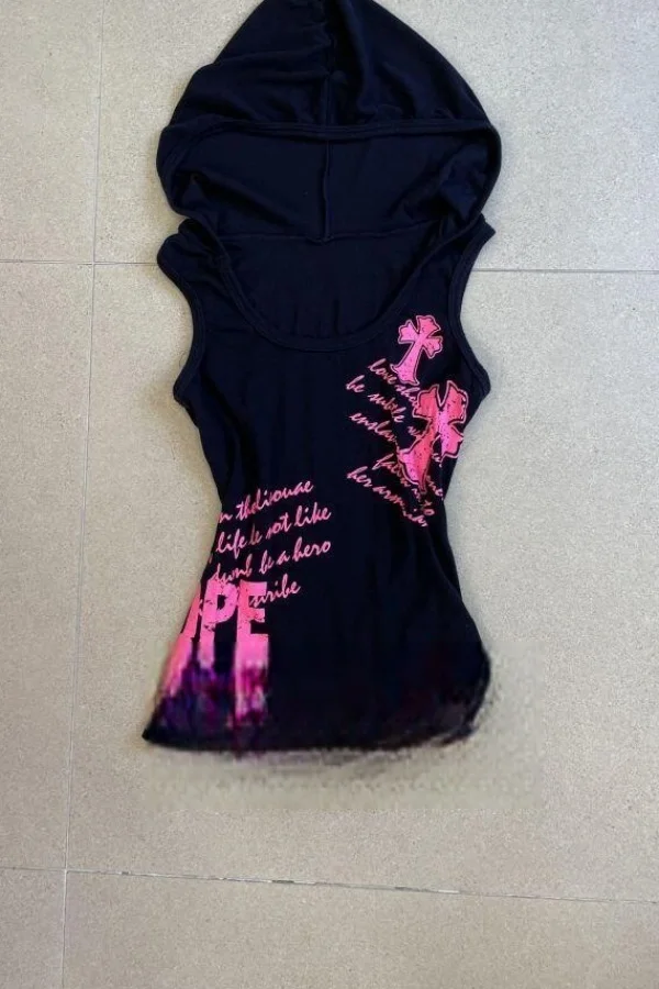 قميص قصير ياباني هاراجوكو ريتور مع قبعة بدون أكمام Y2k 2000s طباعة جمجمة فرعية ملابس عالية الشارع ملابس صيفية فاسق