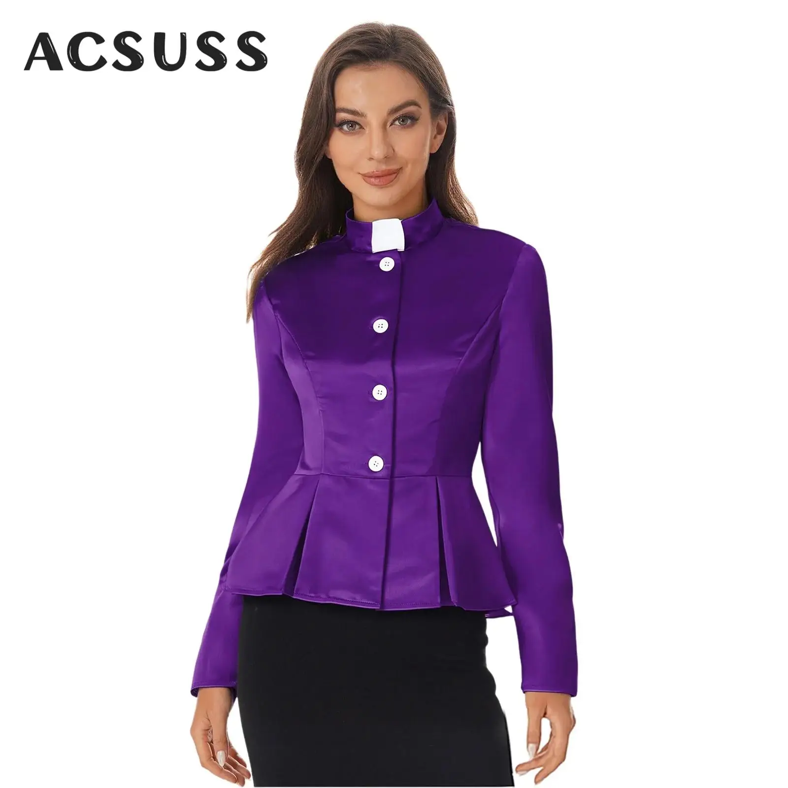 

Women Church Clergy Priest Shirt Long Sleeve Pleated Peplum Satiny Top Coat for Halloween Pastor Cosplay Christian Choir worship