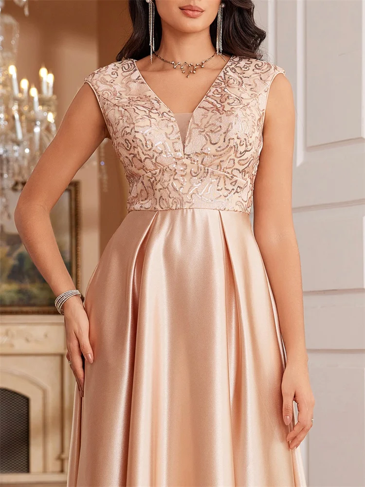 Lucyinlove-vestido de noche de satén dorado de lujo con cuello en V profundo y lentejuelas para mujer, vestidos largos elegantes para fiesta de boda, graduación y cóctel, nuevo