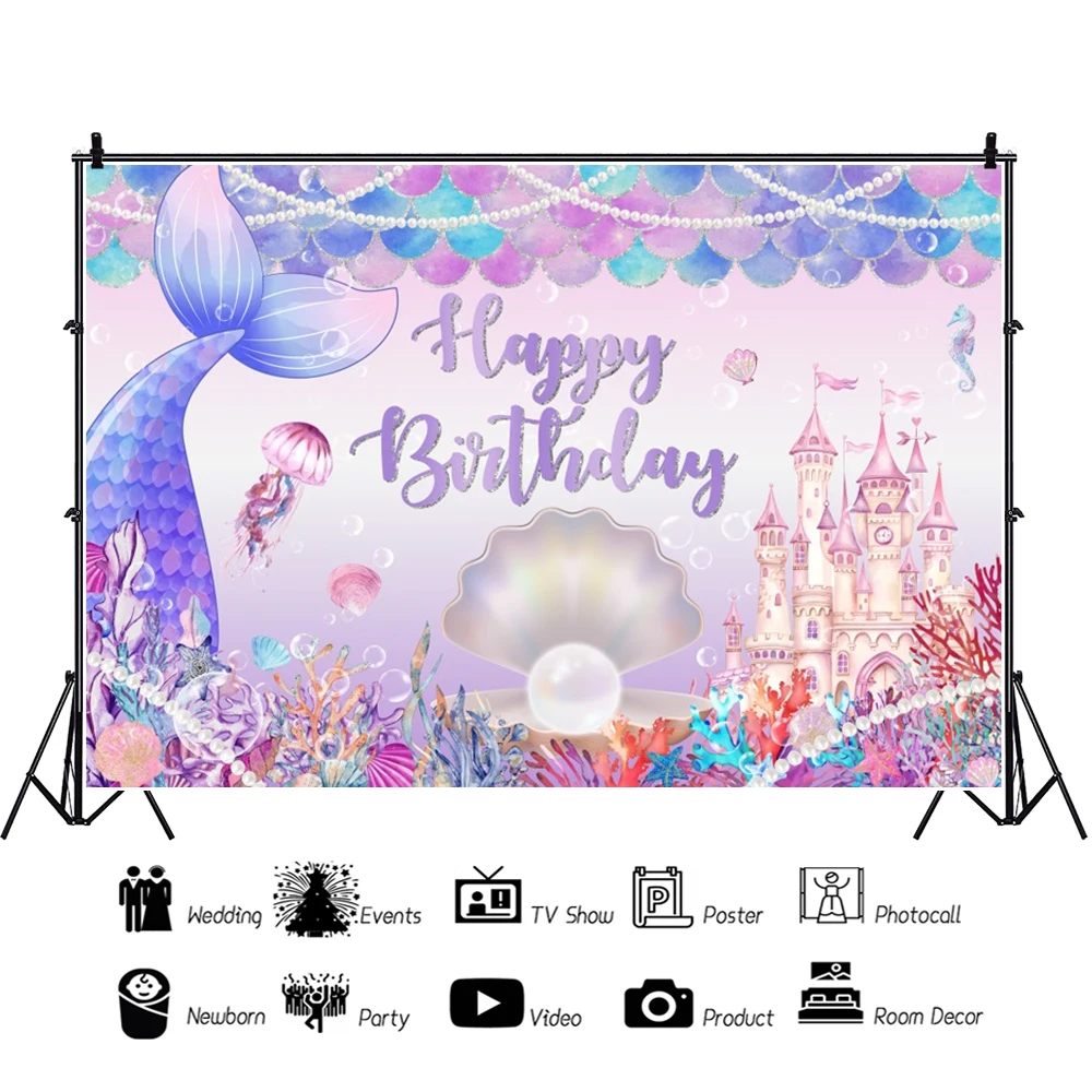 Laeacco-telón de fondo de sirenita de dibujos animados para fotografía, fiesta de cumpleaños de bebé, Decoración de mesa de pastel, telón de fondo fotográfico, estudio fotográfico