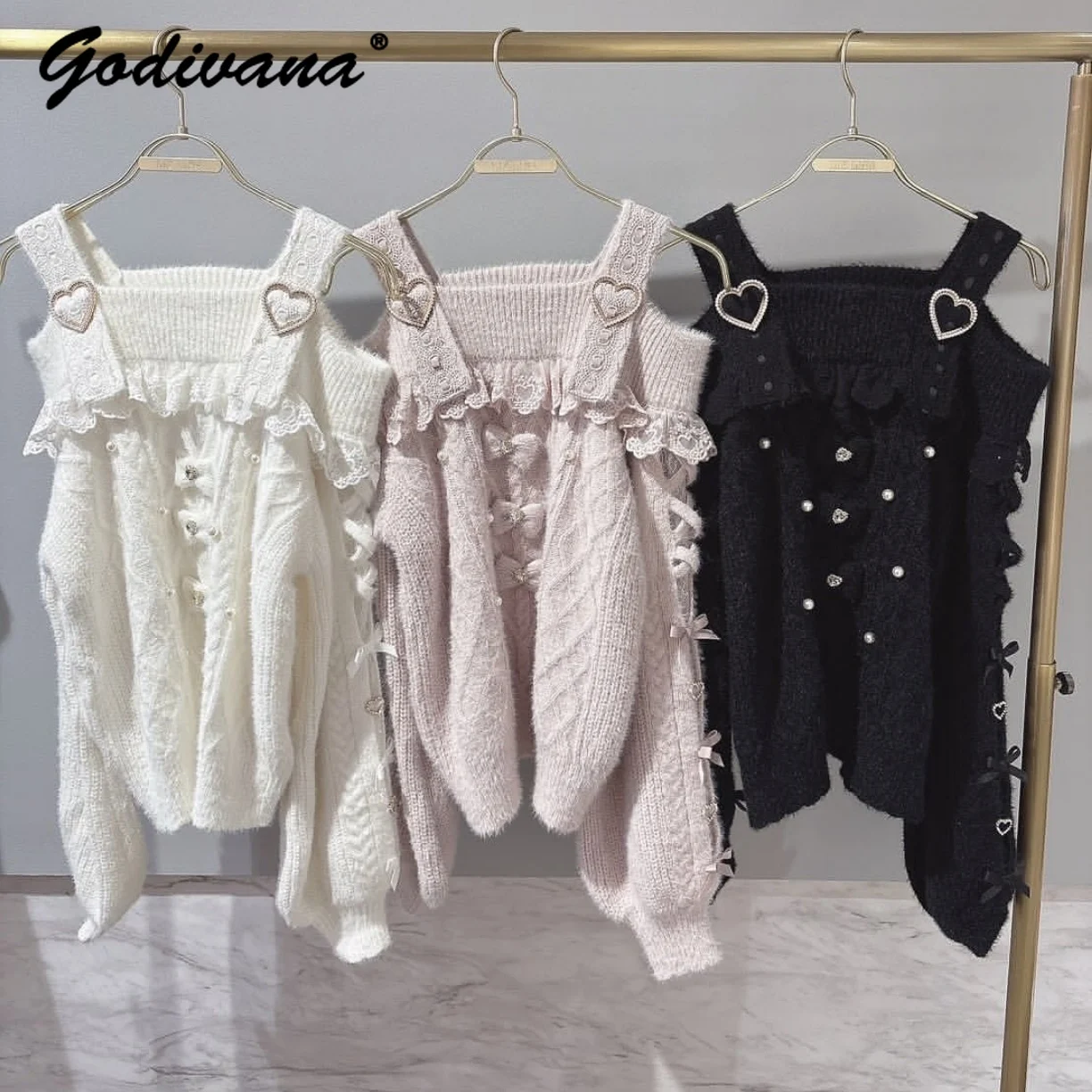 2025 الخريف والشتاء غامض حجر الراين القلب زر القوس محبوك سترة اليابانية ليز الحلو حمالة البلوز البلوزات #2