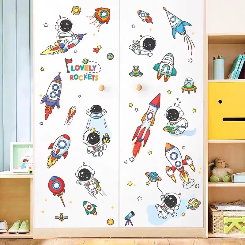 DIY Space Astronaut Wall Decal Boys\' Room Wall Decal  Decorative Children\'s Room Cosmic Sky Background Wall Art Wallpaper