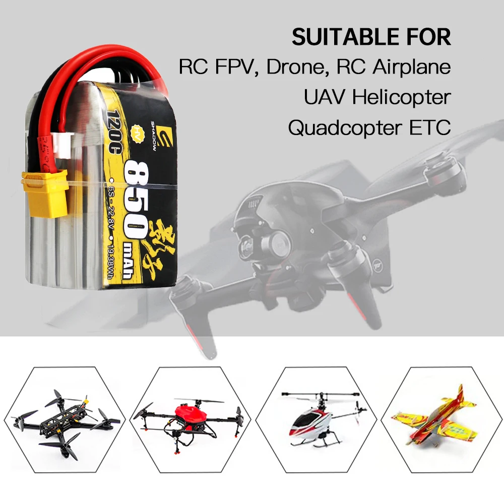 2PCS 850mAh 6S 22.8V 120C LiPo Battery XT60 XT30 Plug for FPV Racing Drone RC Airplane High Discharge Battery Long Flight Time