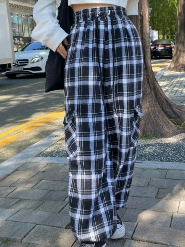 

Женские повседневные брюки с высокой талией в клетку, широкие штанины, весна 2026, новинка, эффект удлинения ног, корейский стиль