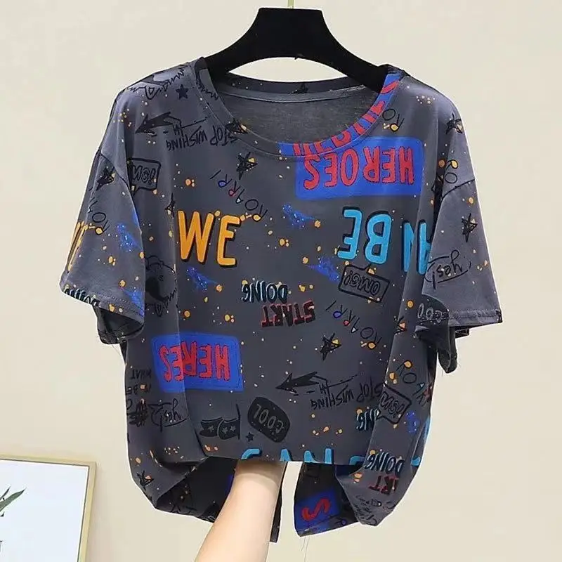 2024 Summer New Korean Style chubby girl Short-sleeved T-shirt Women's Loose Extra Large Size Women's Belly Covering Top