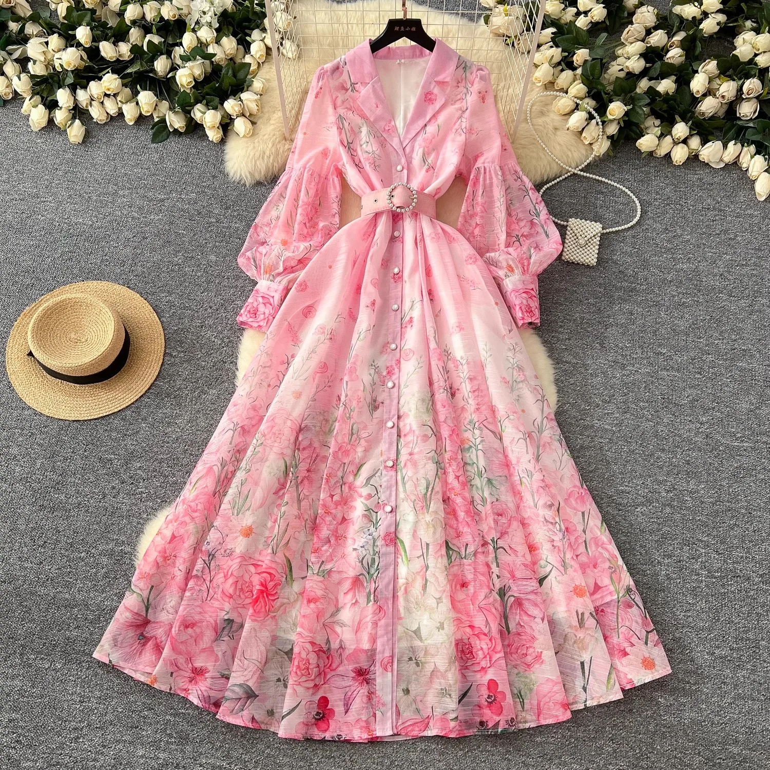 2025 primavera férias lindo flor maxi vestido feminino manga longa lanterna entalhado floral impressão pérola cinto uma linha robe vestidos