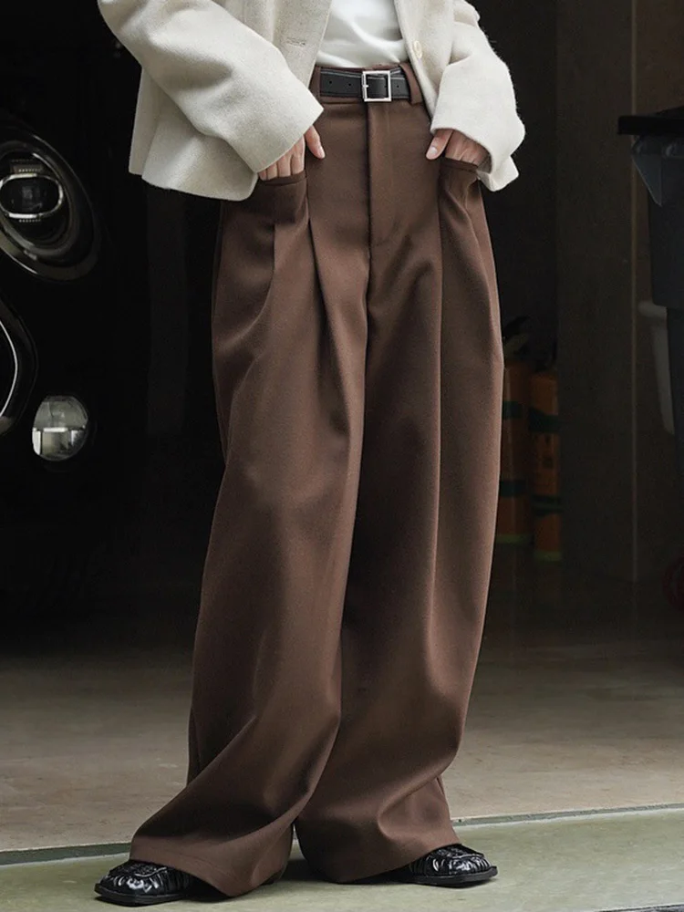 [EAM] High Waist Brown Pleated Casual Long Wide Leg Pants New Loose Fit Trousers Women Fashion Tide Spring Autumn 2024 1DF4423