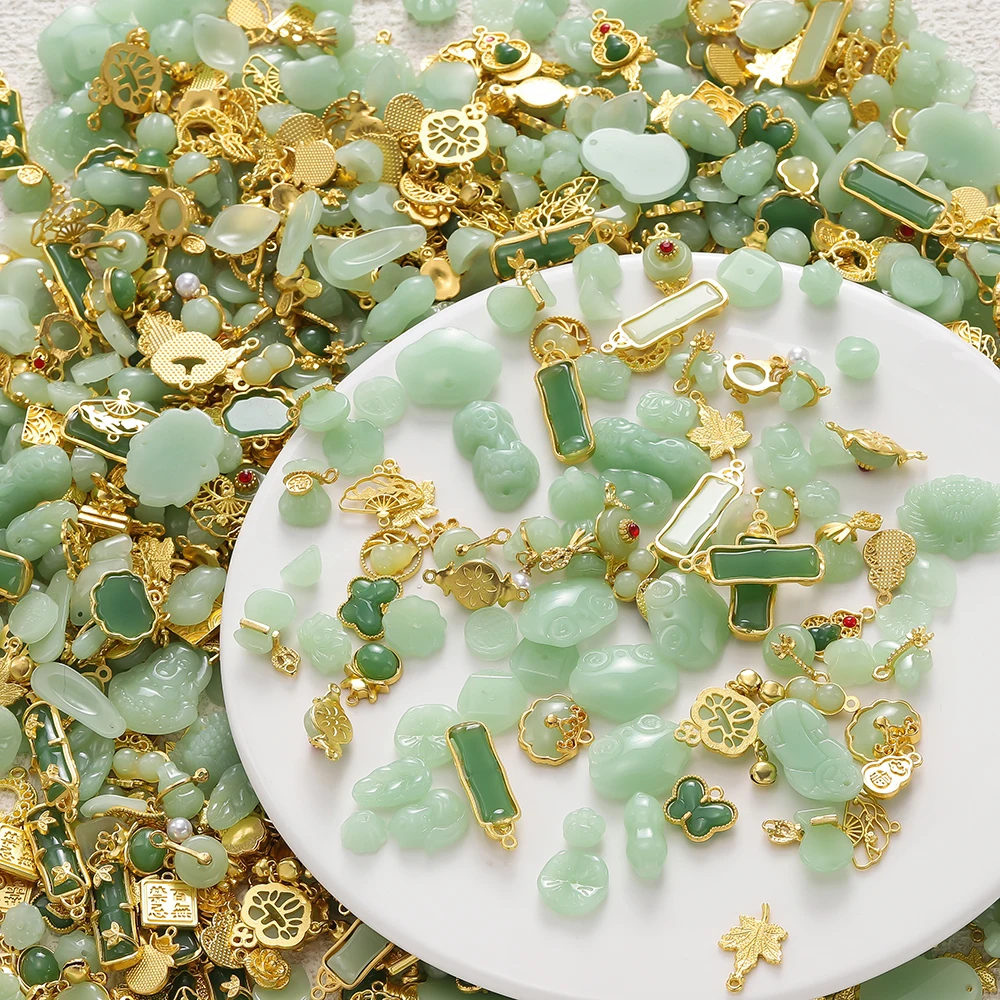 25/45/70pcs Alloy Golden Plated Imitation Jade Charms Random Mixed Style 5‑34mm Pendant for DIY Jewelry Making Bracelet Supplies