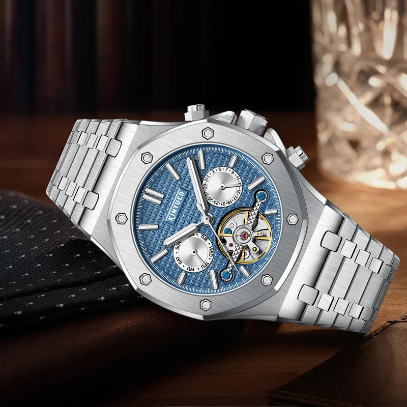 KINYUED Brand Fashion Blue Mechanical Watch Men Stainless Steel Waterproof Tourbillon Watches Date Week Automatic Wristwatches