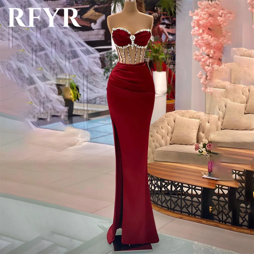 

RFYR Red Evening Dress for Party Satin Sweetheart Sleeveless Trumpet Pleats Prom Gowns Crystal Train Celebrity Dress Customized