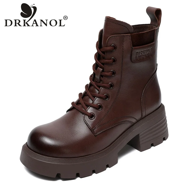 DRKANOL Genuine Leather Ankle Boots For Women 2024 Autumn Winter Warm Chunky Platform Thick High Heel Trend Casual Short Boots