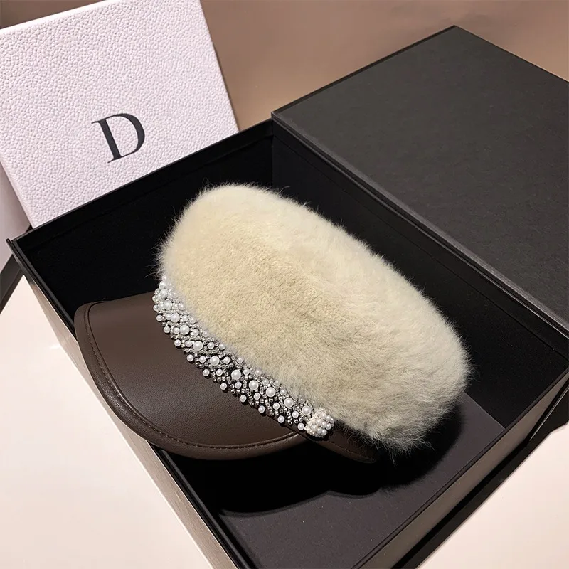 2026 Women's Winter Rabbit Fur Leather Flat Top Hand Beaded Beret Vintage British Short Brim Newsboy Hat
