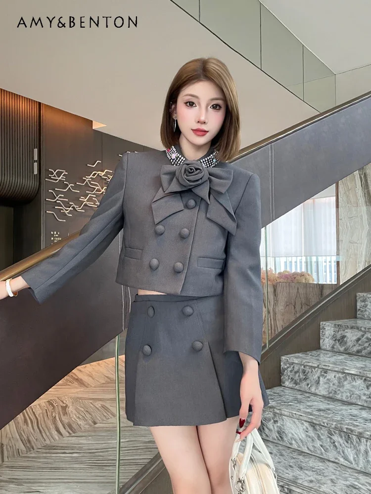 High-end Three-dimensional Rose Bead Suit Women's 2024 Autumn New High-waisted Short Double-breasted Jacket Skirt Two-piece Set