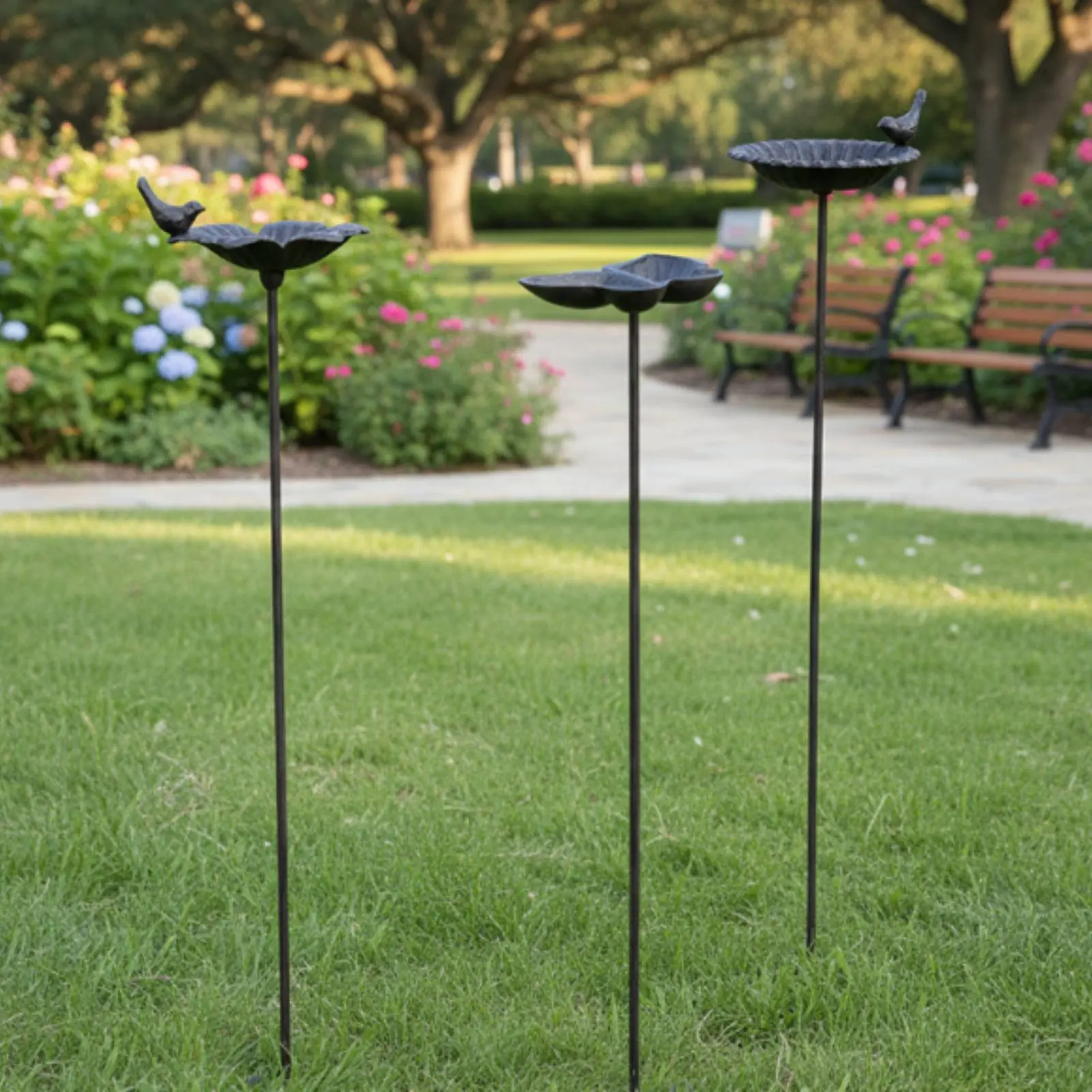 Cast Metal Avian Feeder Stake Vintage Design Decorative Garden Stake Flower Shaped Avian Bath Weather Resistant for Yard, Lawn