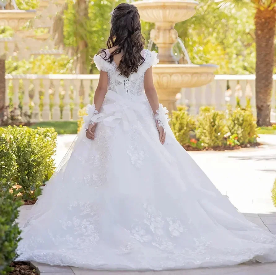 Abiti da ragazza di fiore eleganti personalizzati per matrimonio Splendide applicazioni di paillettes Abito da spettacolo Quinceanera per festa di compleanno principessa