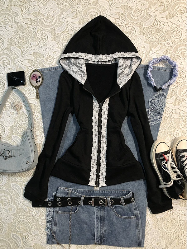 

BaoYao Girl Original Black Lace Splicing Sweatshirt Jacket Women's Early Spring 2026 New American Retro Top