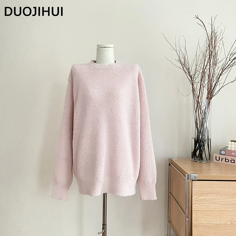 

DUOJIHUI Winter Sweet Basic O-neck Loose Women Pullovers Korean Style Pure Color Fashion Casual Simple Knitting Female Pullovers