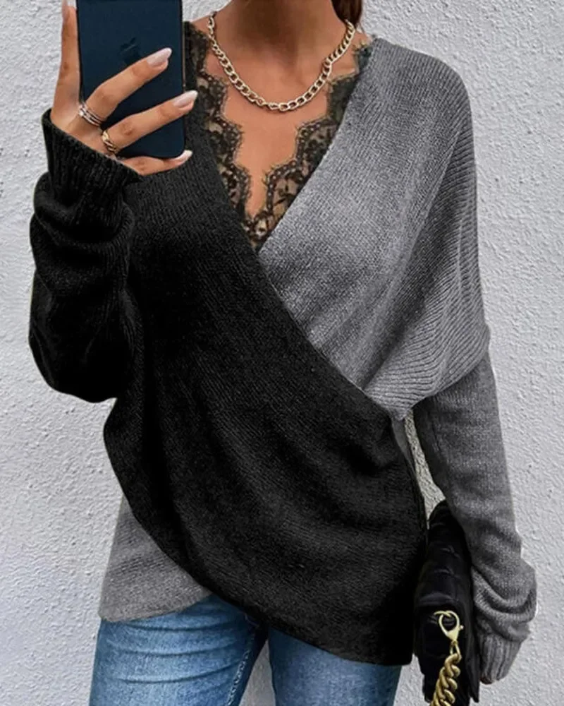 Colorblock Contrast Lace V-Neck Wrap Sweater Women Sexy Autumn Winter Long Sleeve Fashion Casual Pullover Knitwear