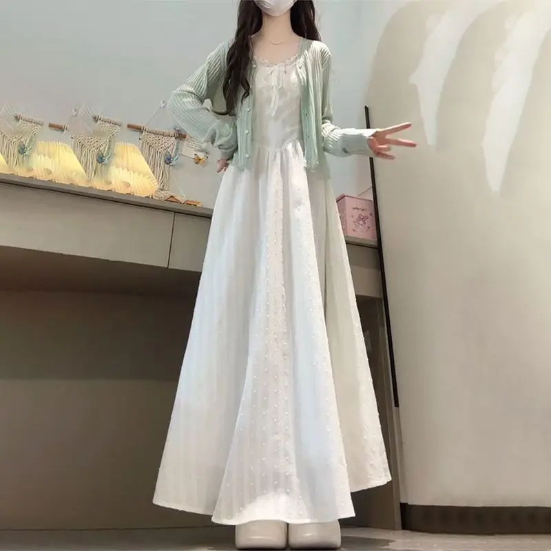French Gentle And Sweet Age-reducing Lace Suspender Dress With Knitted Cardigan Autumn New Two-piece Set