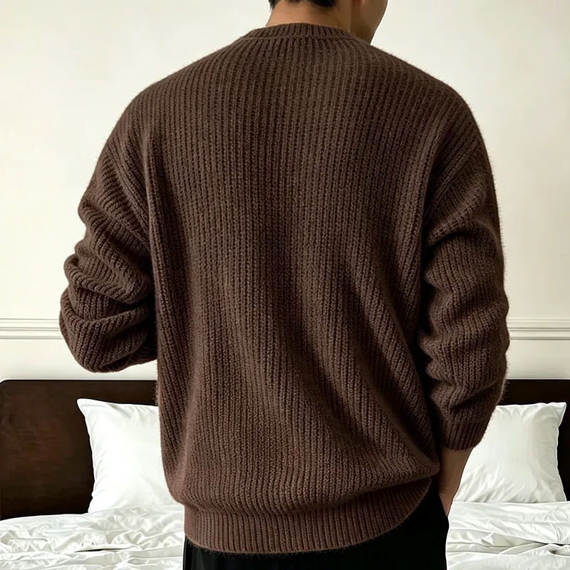 Herren Einfarbiger Strickpullover Frühling Herbst Lässige Mode Gerippte Textur Langarm Lockerer Rundhals-Strickpullover – Detail 25