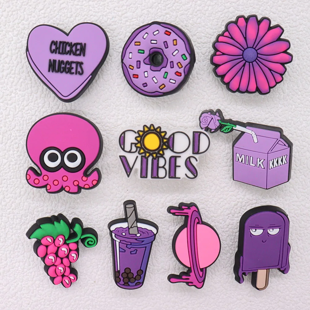 Good Quality 1pcs PVC Shoe Charms Purple Grapes Milk Donut Octopus Planet Accessories Shoes Ornaments Fit Kids Party Gift