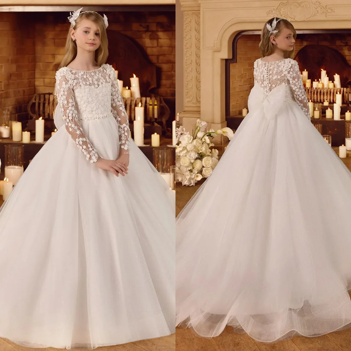 Vestido de niña de flores de color marfil personalizado para boda, cuello redondo, mangas completas, apliques hinchados, vestido de primera comunión para fiesta de cumpleaños de bebé