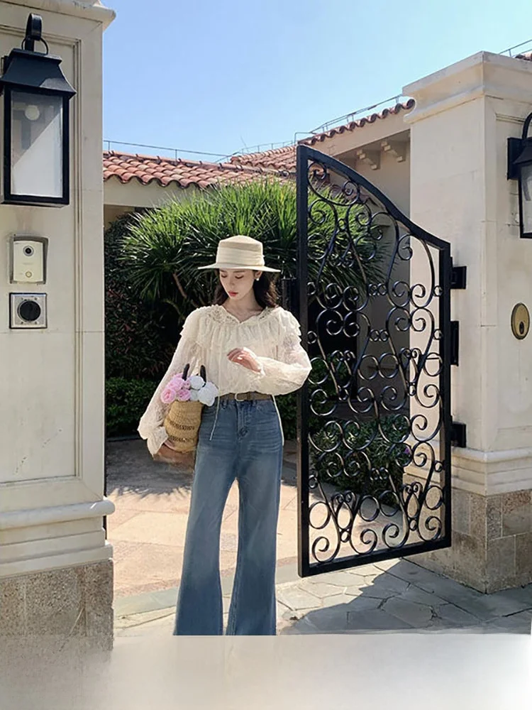 

High Waist Cotton Denim Pants Women's Spring 2026 Standard Fit Four Way Stretch Micro Flared Straight Leg Jeans Casual Style