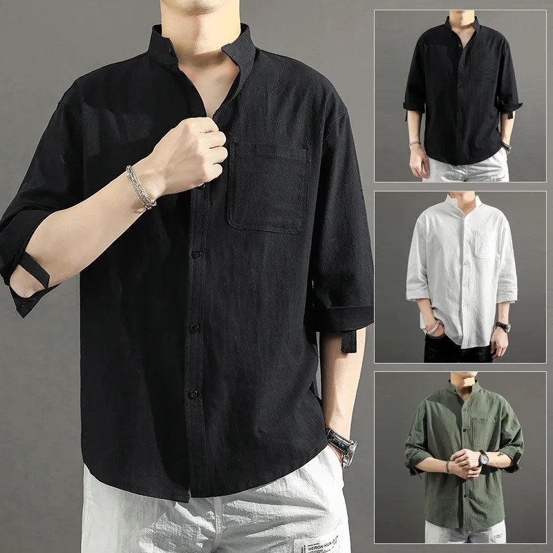 Harajuku Cotton Linen Short-Sleeved Shirt Men's Summer Loose Linen Plus-Size Shirt Casual Seven-Point Sleeve Stand-Up Collar Top