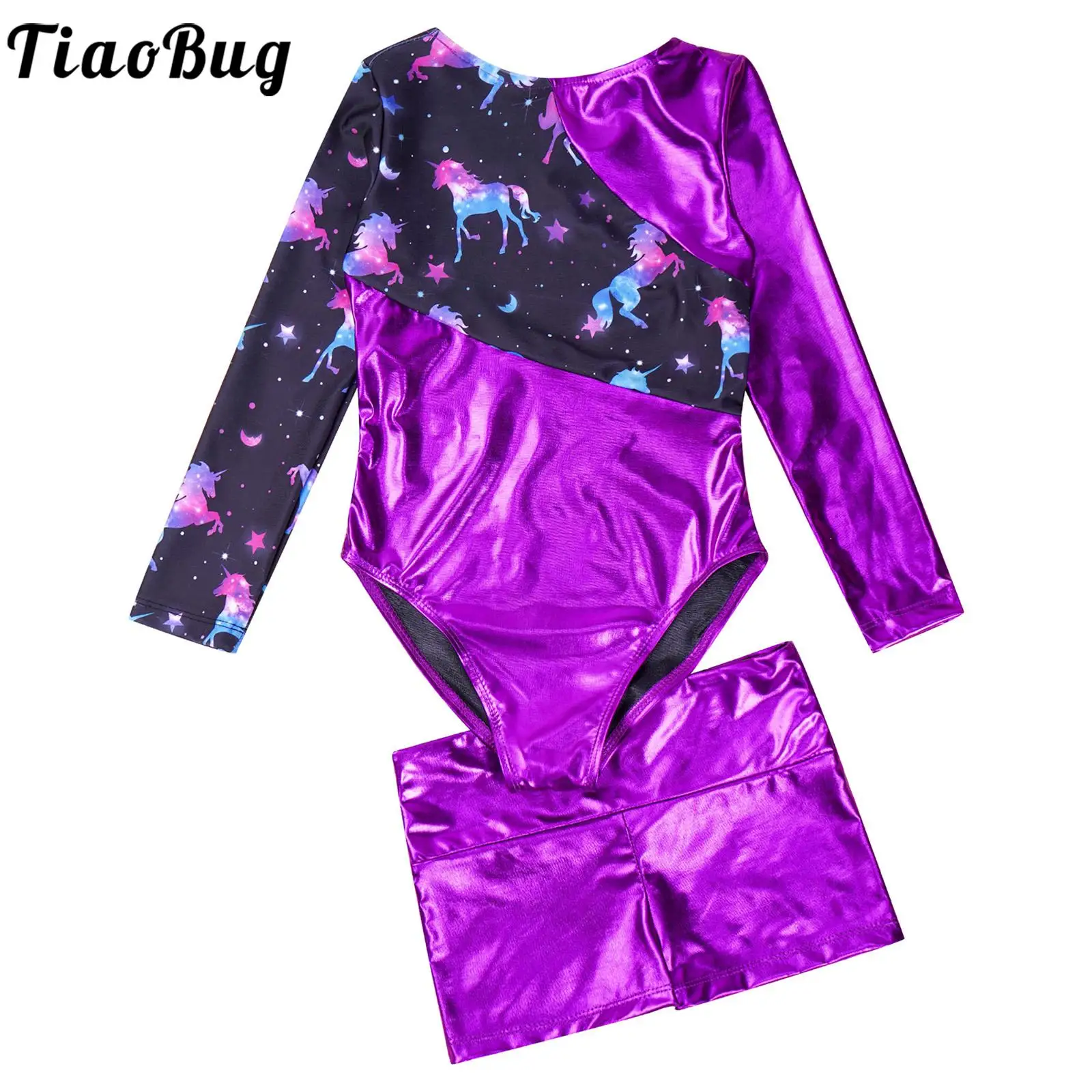 Kinder Mädchen Langarm Bedruckte Gymnastik Trikots mit Shorts 2-teilige Outfits Sets Ballett Tanz Performance Biketard Dancewear