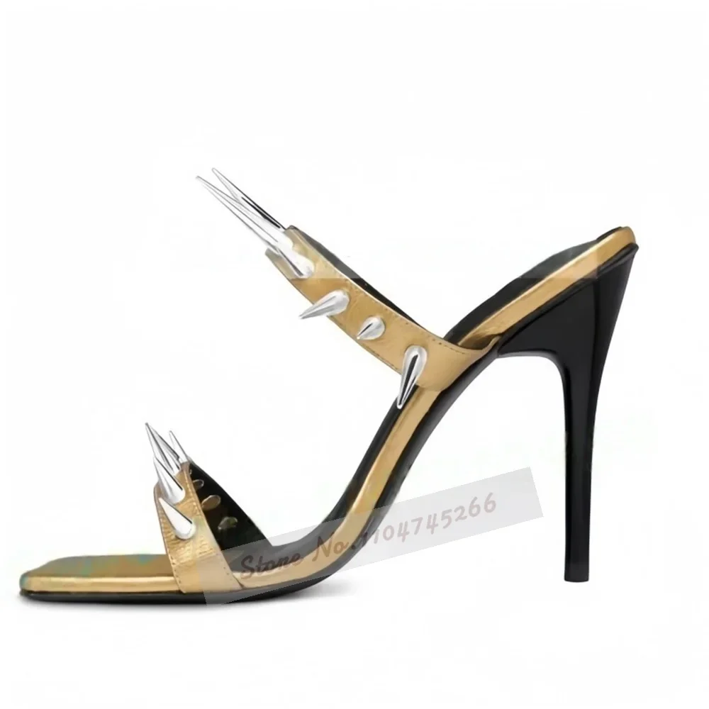 Donna Nero Oro Punta quadrata Rivetti lunghi Muli Tacchi a spillo Punk Pantofole moderne alla moda Slip-On Sandali sexy Calzature metalliche