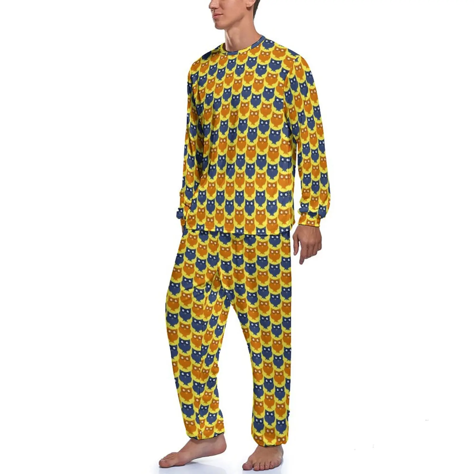 Owl Design Pajamas Daily Lil Hatchling Print Sleep Sleepwear Man Two Piece Printed Long-Sleeve Kawaii Pajamas Set