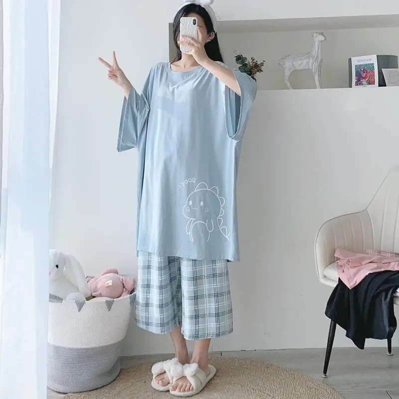 

plus Size Women's Bear Pajamas Set Loose Fit Summer Home Clothes ort Sve round Ne Polyester Cotton Blend Comfortable