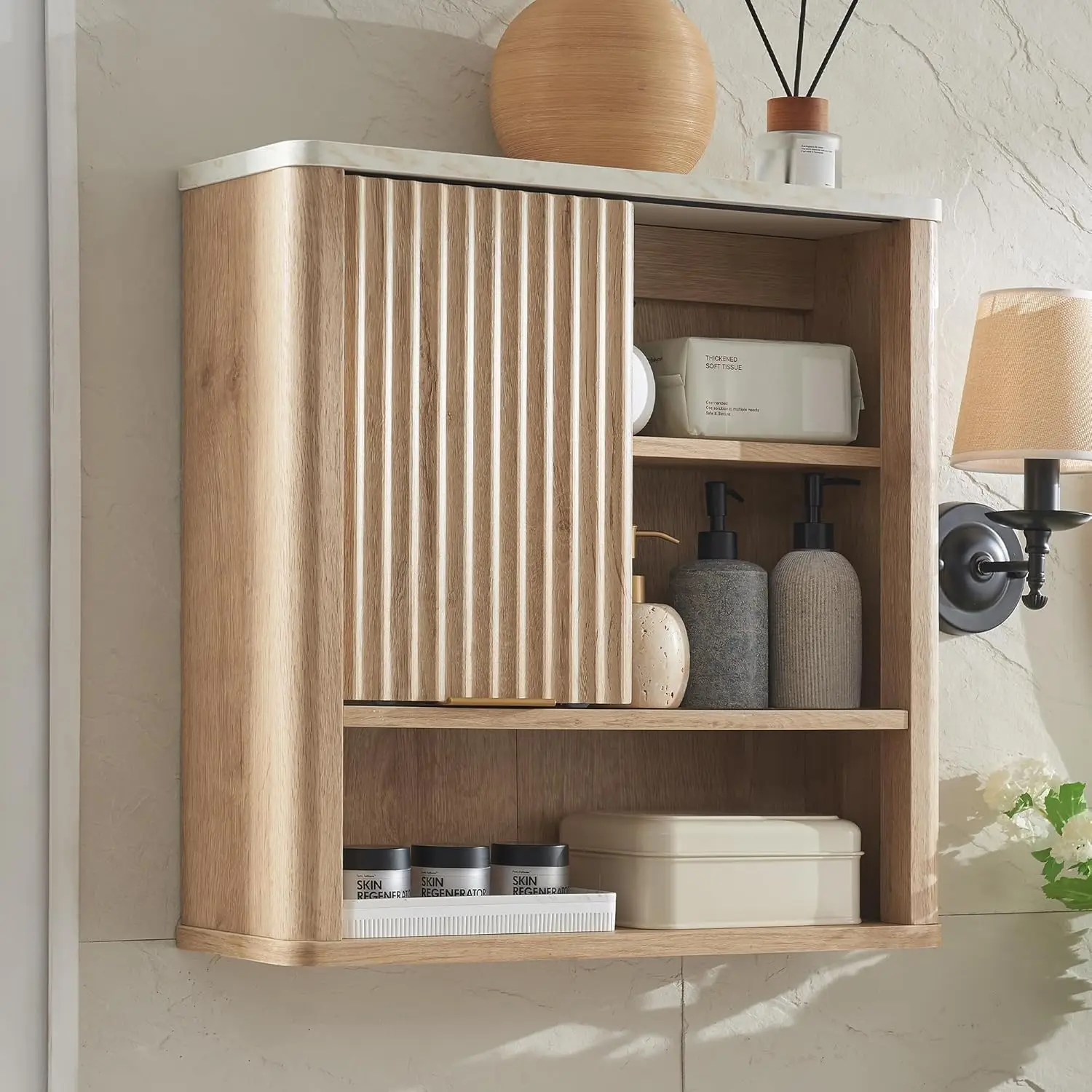 Bathroom Wall Cabinet w/Fluted Sliding Door, Modern Medicine Cabinet w/Faux Marble Top & Adjustable Shelf, Curved Profile Wall M